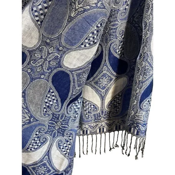 Pashmina Scarf Adult Blue Floral Silk Paisley Tassel Luxury Wrap Neutral Shawl - Picture 8 of 10